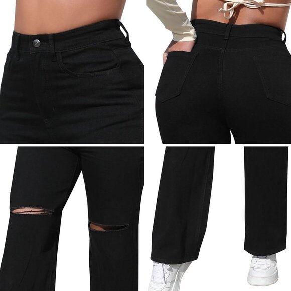 Women’s High Waist Ripped Wide Leg Denim Jeans Boyfriend Style Casual - Picture 6 of 6